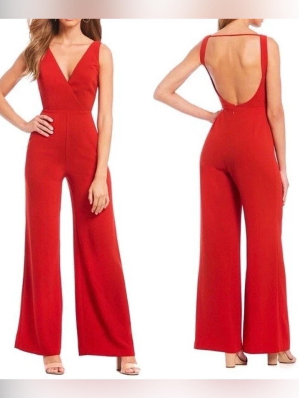 Wayf Women Curtis Red V-Neck Sleeveless Crepe Surplice Wide Leg Jumpsuit Sz XXL